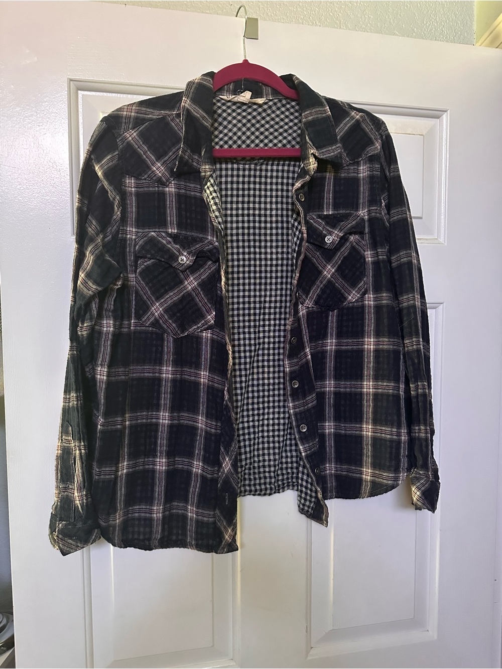 Vanilla Star Navy and White Plaid Button Down Shirt with Gingham Lining